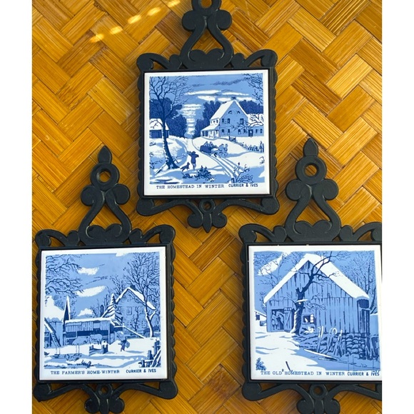 HOST PICK! πΉThree Currier & Ives winter scene trivets